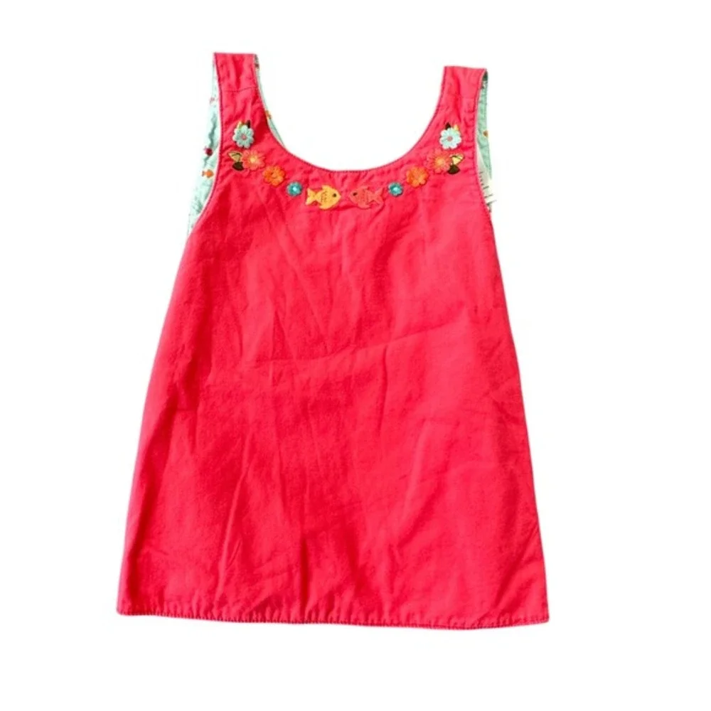Gymboree 2T Reversible Pinafore Dress Coral Red Fish Floral Embroidery Cotton‎